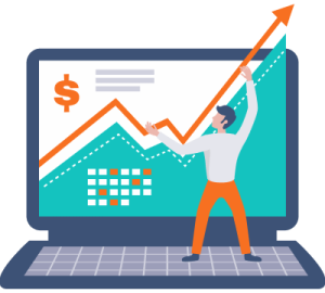 image représentant un ordinateur avec un personnage supportant un graphique