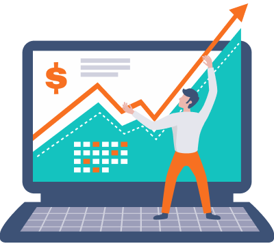 image représentant un ordinateur avec un personnage supportant un graphique